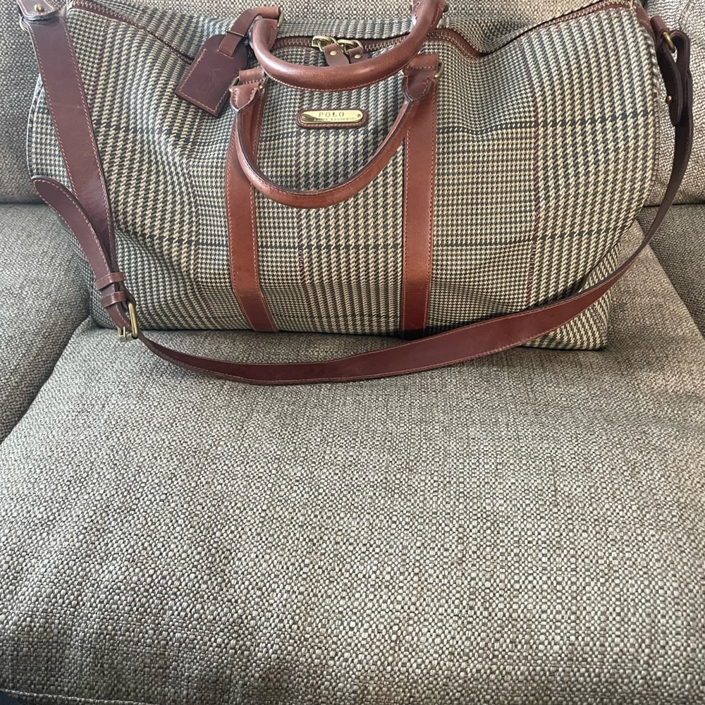 Ralph Lauren Polo Houndstooth Duffel Bag with Brown Leather Accents